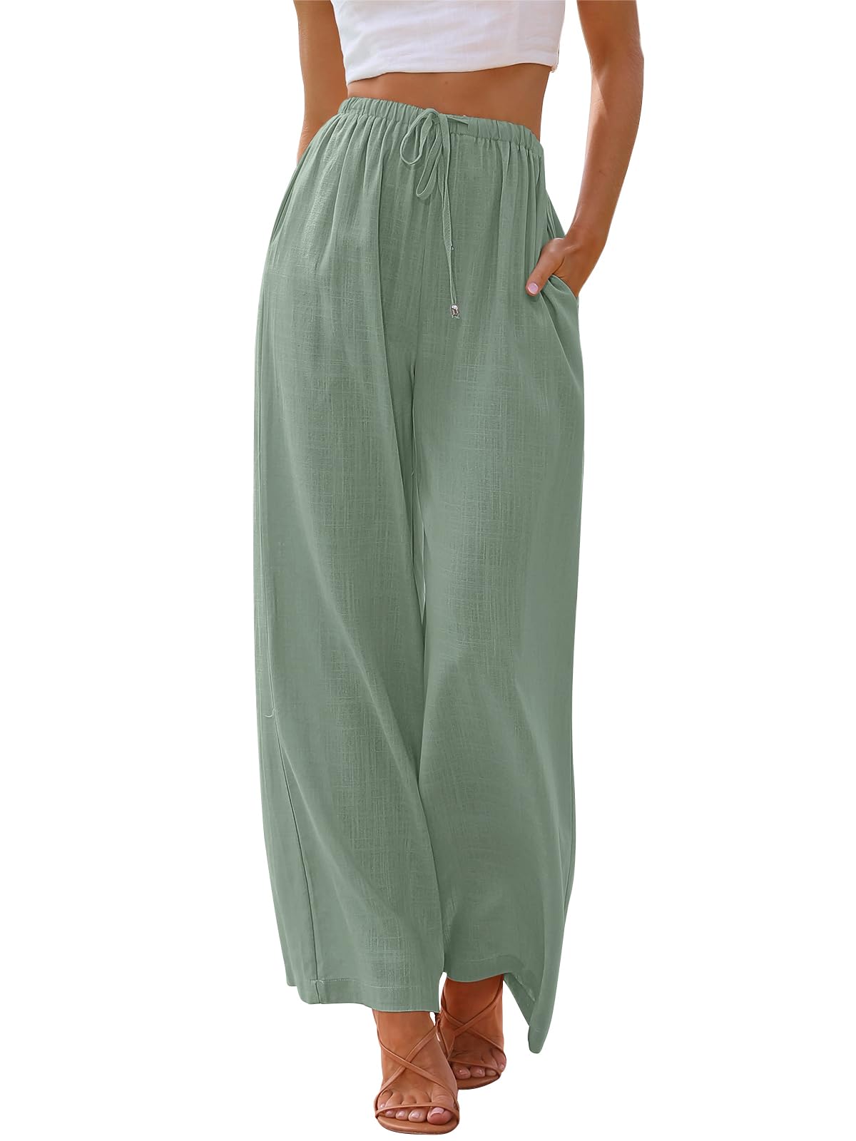 LILLUSORY Women's Linen Summer Palazzo Pants Flowy Wide Leg Beach Pants with Pockets