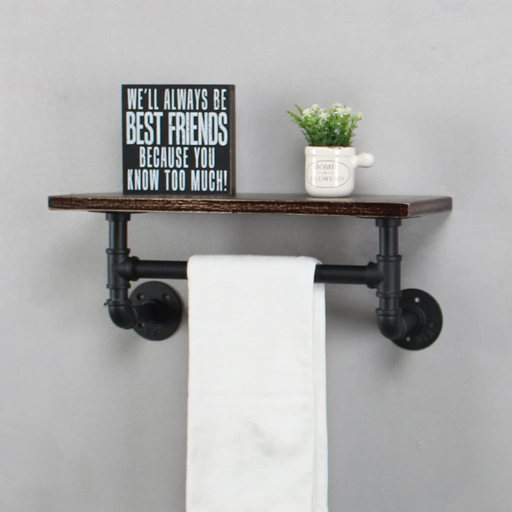 MBQQ Industrial Pipe Shelf Bathroom Shelves Wall Mounted,19.6in Rustic Wood Shelf with Towel Bar,1 Tier Farmhouse Towel Rack,Pipe Shelving Floating Shelves Towel Holder,Black & White