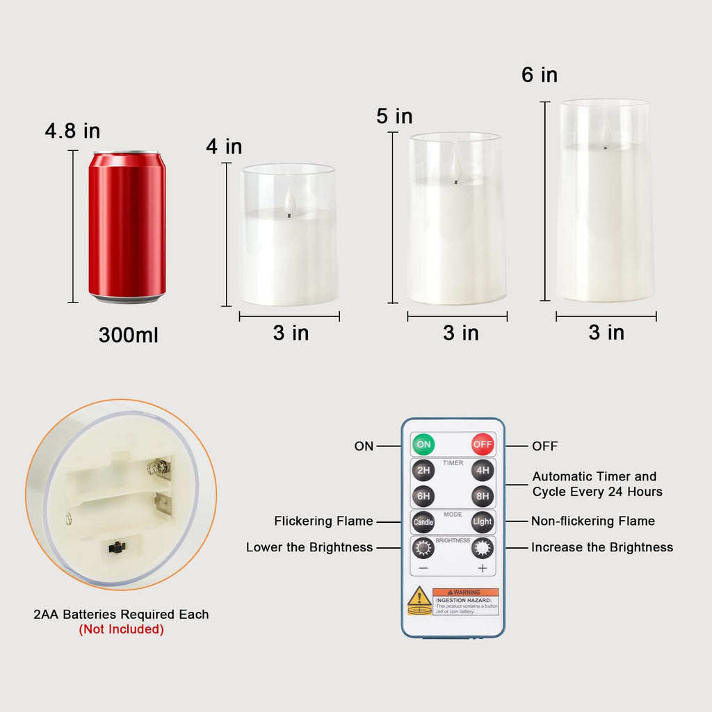 Raycare Flameless Candles Battery Operated with Remote Timer, Acrylic Flickering LED Pillar Candle for Christmas, Wedding, Home Decor, Gift for Family and Friend, White, Set of3