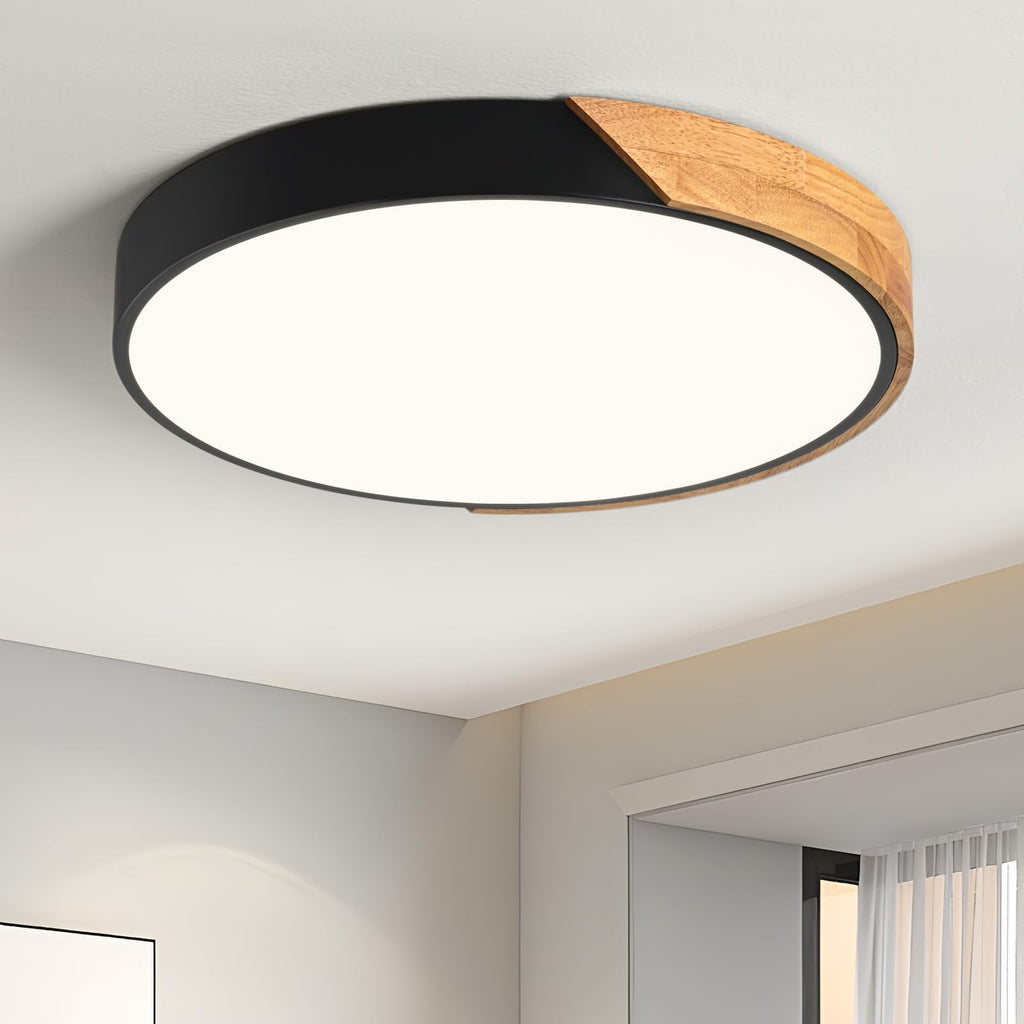 Modern LED Ceiling Light, Minimalist Wood Dimmable Flush Mount Ceiling Light Fixture, Round 5CCT Lighting Lamp with Acrylic Lampshade for Bedroom Hallway Kitchen Laundry, Black 11.8"