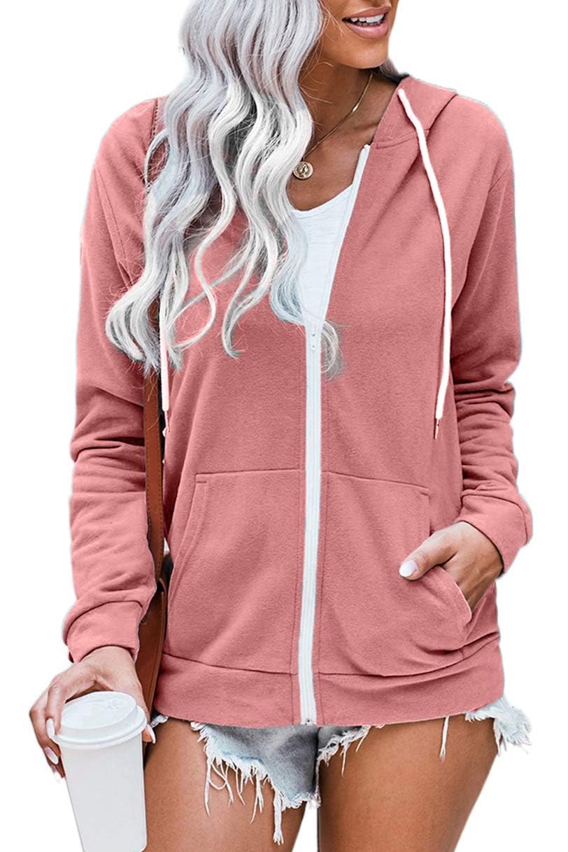 WROLEM Women Casual Full Zip Up Hoodie Comfy Loose Long Sleeve Sweatshirt Solid Color Jacket with Pockets