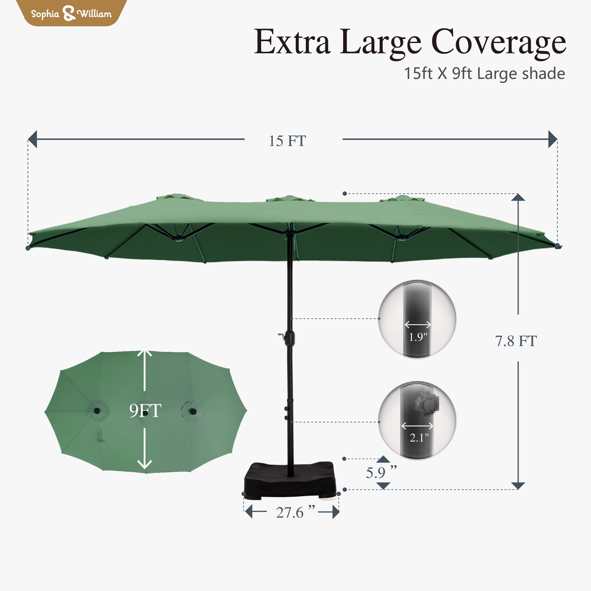 Sophia & William 15 ft Extra Large Patio Umbrella with Base Included, Rectangular Outdoor Umbrella Heavy Duty, Market Umbrella Double-sided Fade Resistant for Pool Garden Backyard, Beige