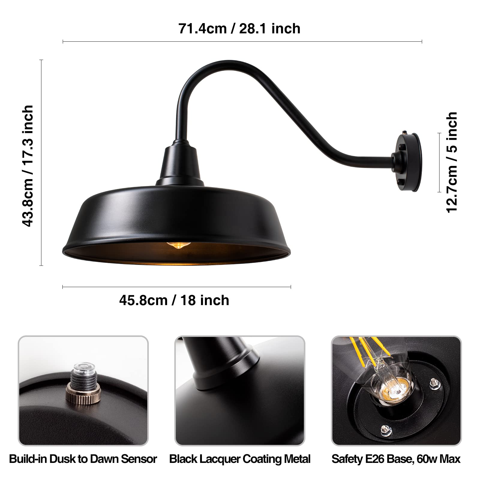 Barn Lights Outdoor Gooseneck Lighting, Dusk to Dawn Black Exterior Barn Lights for House, Farmhouse Wall Lighting Fixtures with Sensor for Porch Garage (1, 11" Diameter)