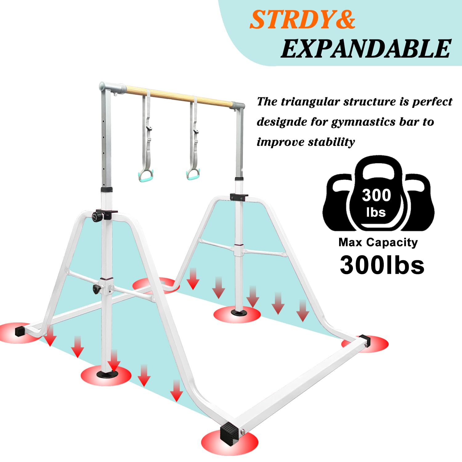 Foldable & Moveable Gymnastics Horizontal Bar with Rings,3’to 5’Adjustable Height Expandable Junior Kip Bar for Home,Indoor Gym Equipment for Kids