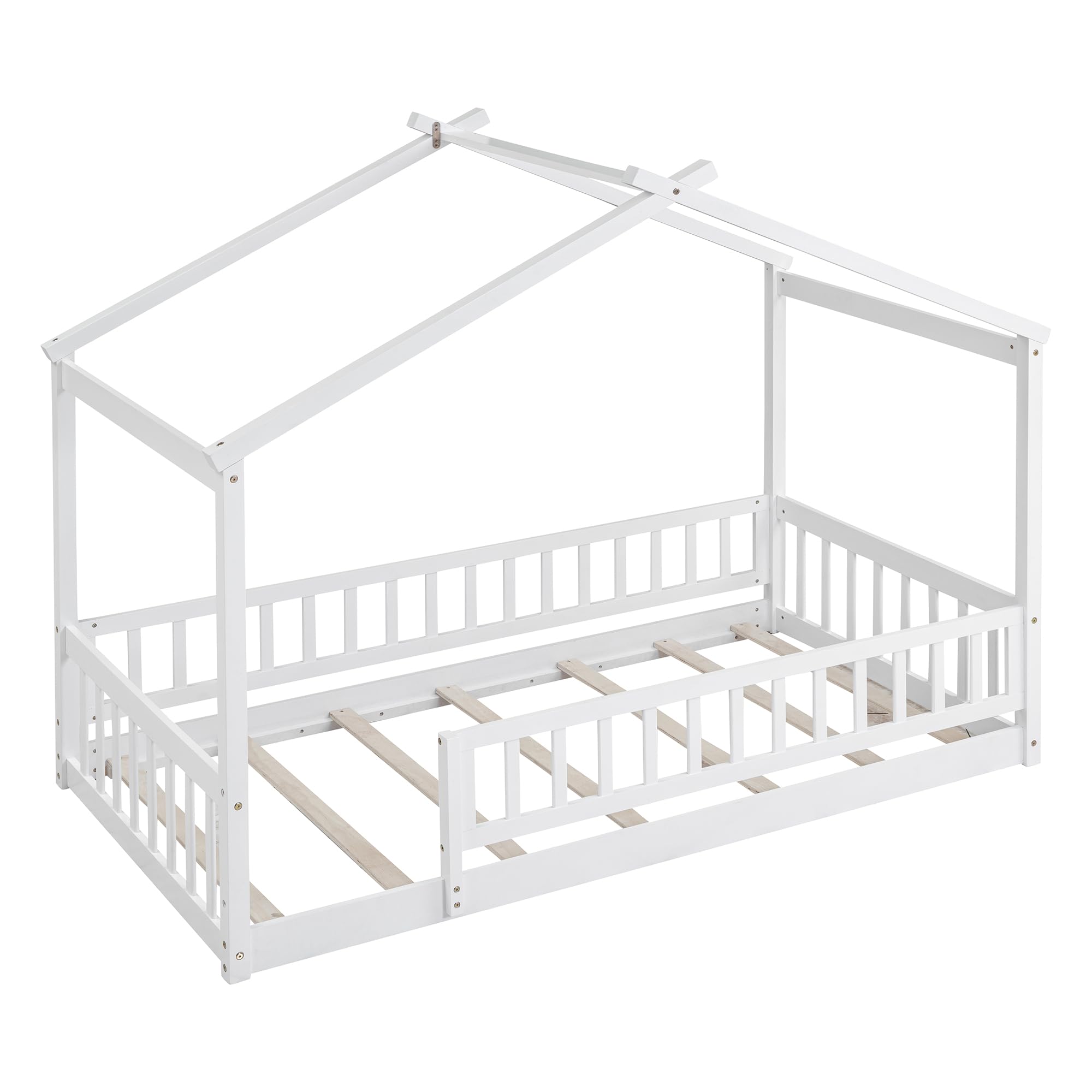 Merax Twin Size Wooden House Bed with Two Drawers, Wood Bed Frame with Roof for Kids, Teens, Boys or Girls, Grey
