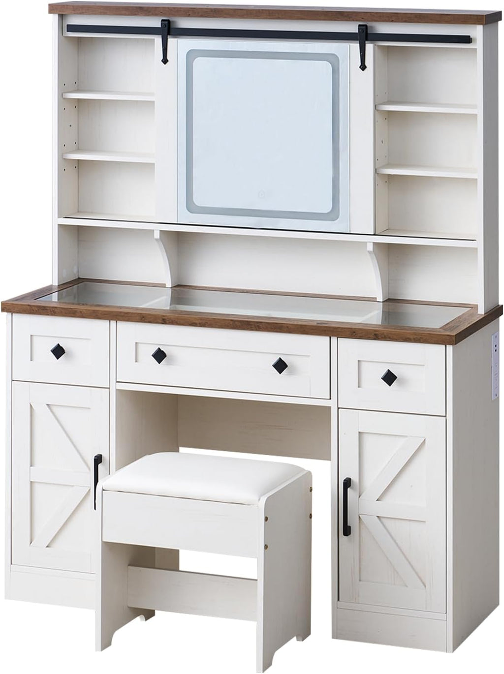 AMERLIFE 47.2" Farmhouse Vanity Desk with Mirror and Lights, Rustic Makeup Vanity Table with Charging Station, Vanity Set with Stool & Storage, LED Sliding Mirror & Glass Top, Antique White Finish