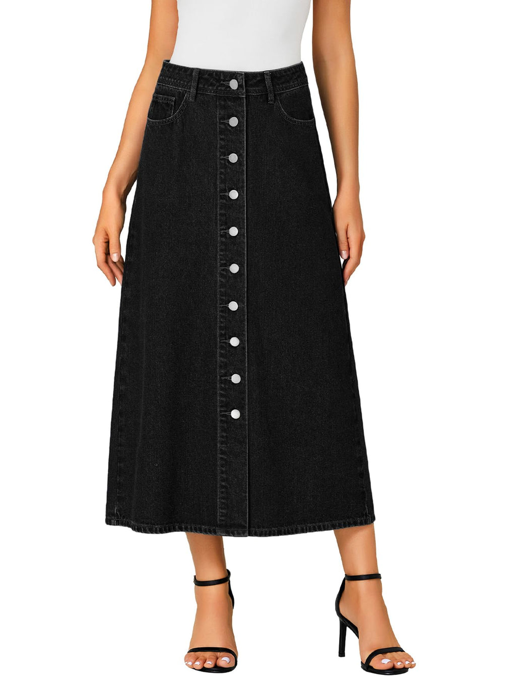 Vrtige Women's Casual Button Down High Waisted A Line Jean Midi Long Denim Skirt with Pockets