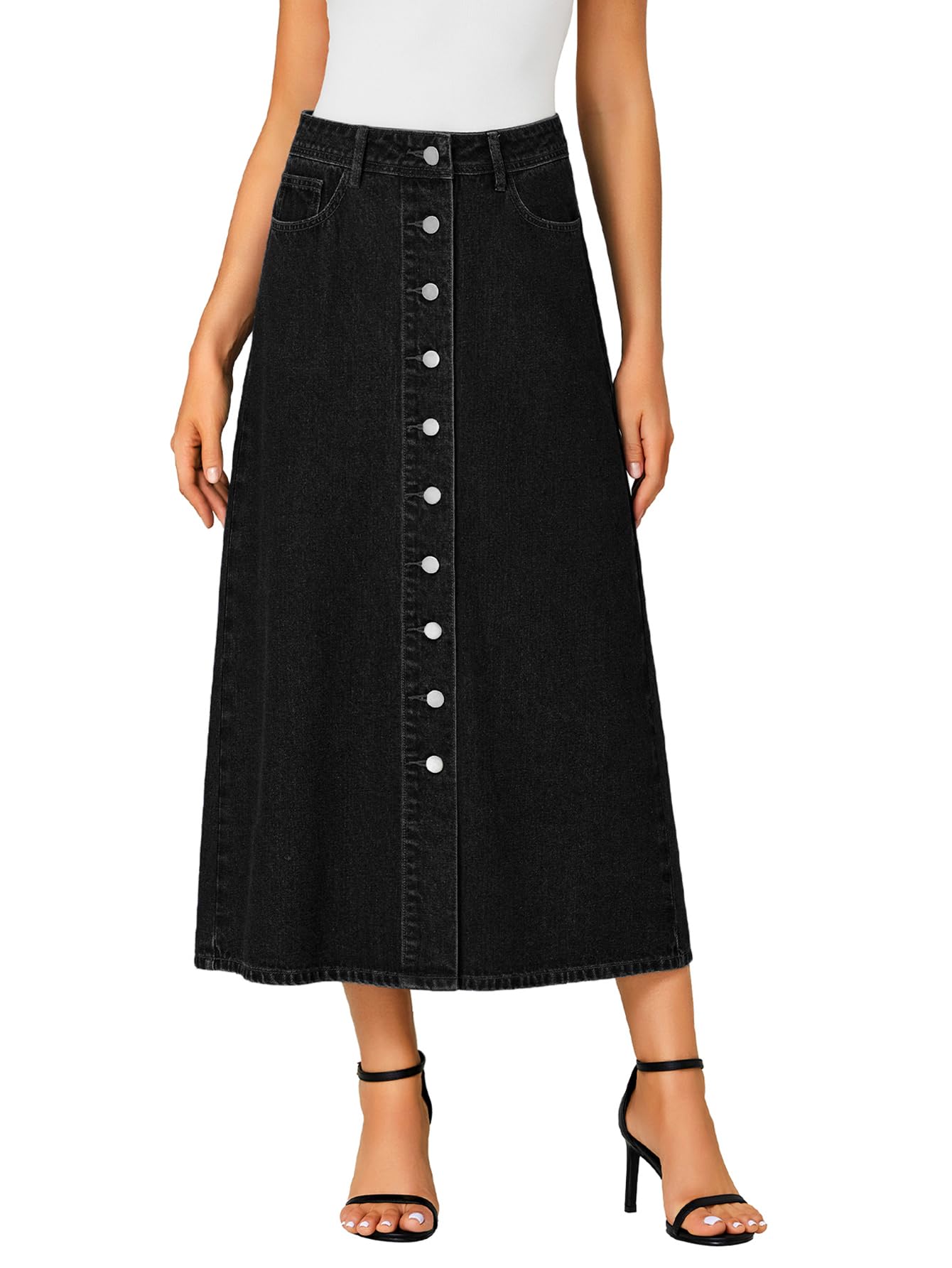 Vrtige Women's Casual Button Down High Waisted A Line Jean Midi Long Denim Skirt with Pockets