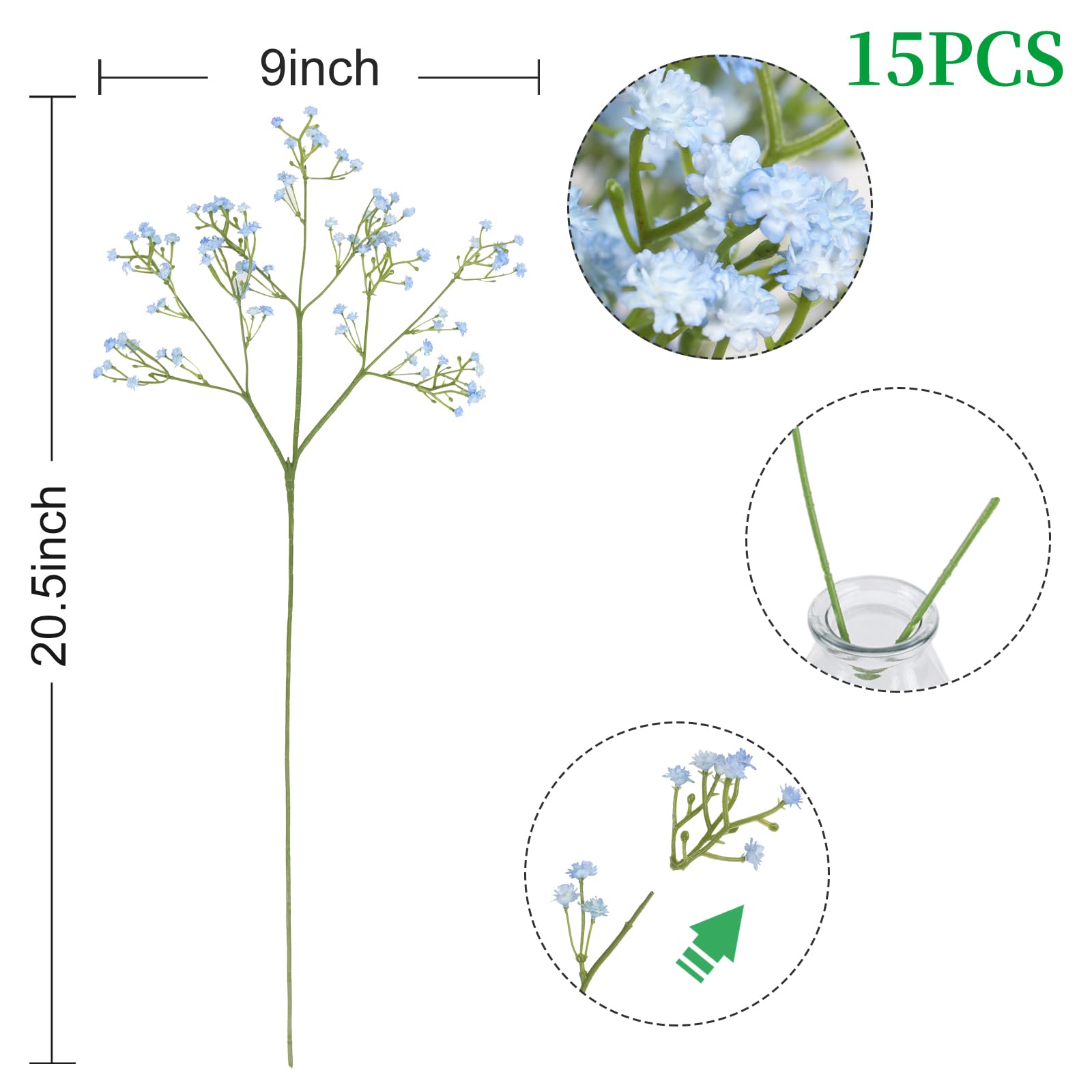 15 PCS Babys Breath Artificial Flowers Fake Babys Breath Flowers Artificial Bulk Blue Gypsophila Bouquets Real Touch Faux Flowers for Wedding Floral Arrangement Party Home Decoration