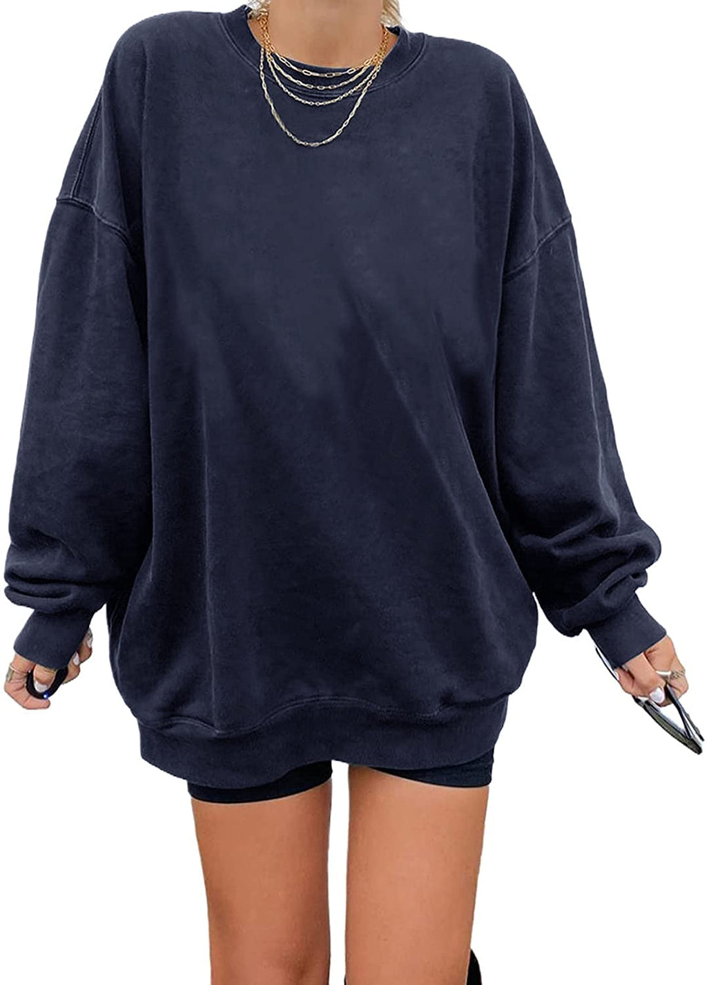 Ebifin Women's Oversized Long Sleeve Sweatshirts Pure Color Round Neck Casual Pullover Shirt