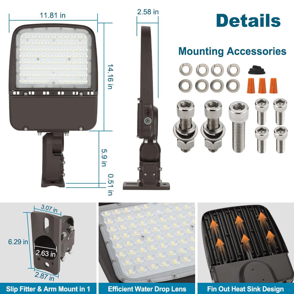 150W LED Parking Lot Light with Photocell, Outdoor Dimmable LED Pole Lights with Slip Fitter & Arm Mount in 1, 22500LM 5000K 100-277V IP65, 150W/100W/80W Power Tunable, ETL