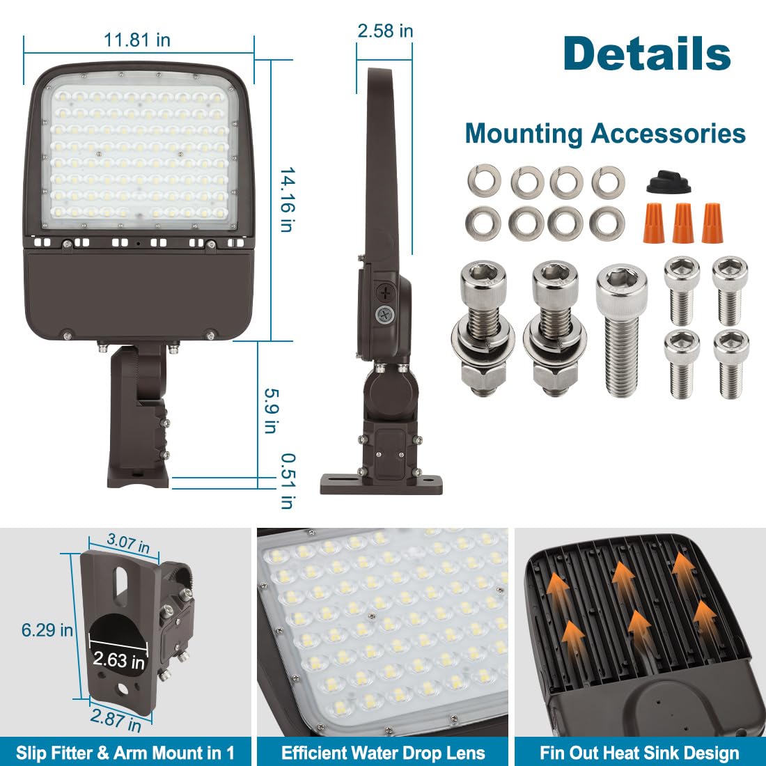 150W LED Parking Lot Light with Photocell, Outdoor Dimmable LED Pole Lights with Slip Fitter & Arm Mount in 1, 22500LM 5000K 100-277V IP65, 150W/100W/80W Power Tunable, ETL