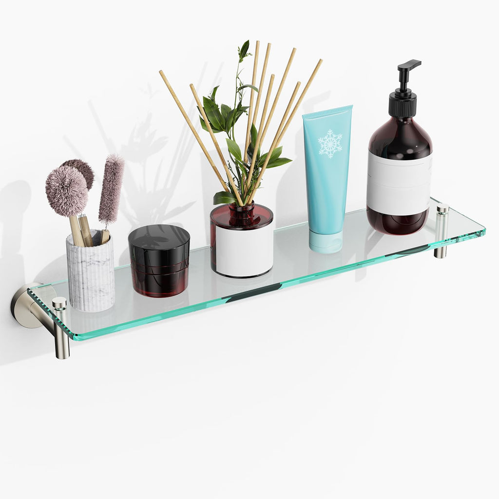 Glass Bathroom Shelves,Brushed Gold Floating Shelves for Wall Rectangular Modern Stainless Steel Glass Shelf for Bathroom Shelves wall Mounted 16 Inch