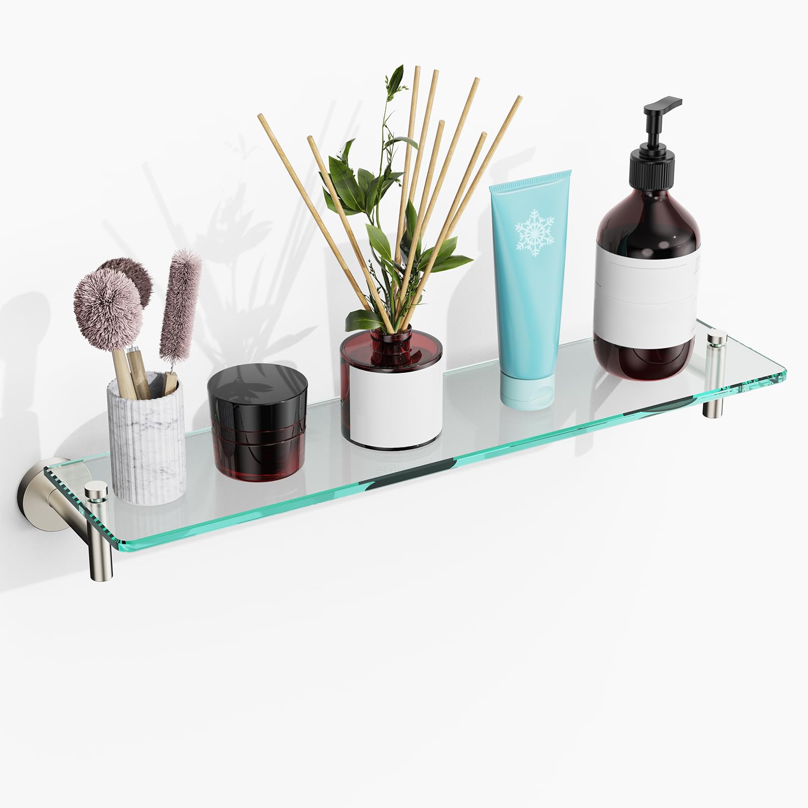 Glass Bathroom Shelves,Brushed Gold Floating Shelves for Wall Rectangular Modern Stainless Steel Glass Shelf for Bathroom Shelves wall Mounted 16 Inch