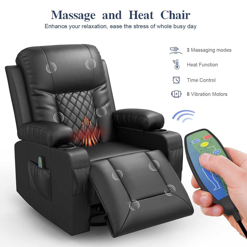 Recliner Chairs for Adults, FSC Certified Massage Reclining Chair with Heated Modern, Ergonomic Lounge Single Reclining Sofa Seat with Cup Holder & Pocket, Living Room Lounge Recliners Black