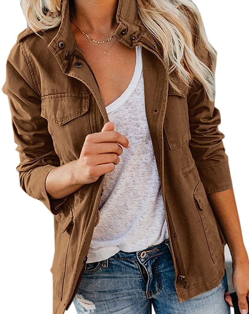 Soulomelody Women Military Anorak Jackets Zip Up Snap Buttons Parka Safari Utility Coats Outwear with Pocket