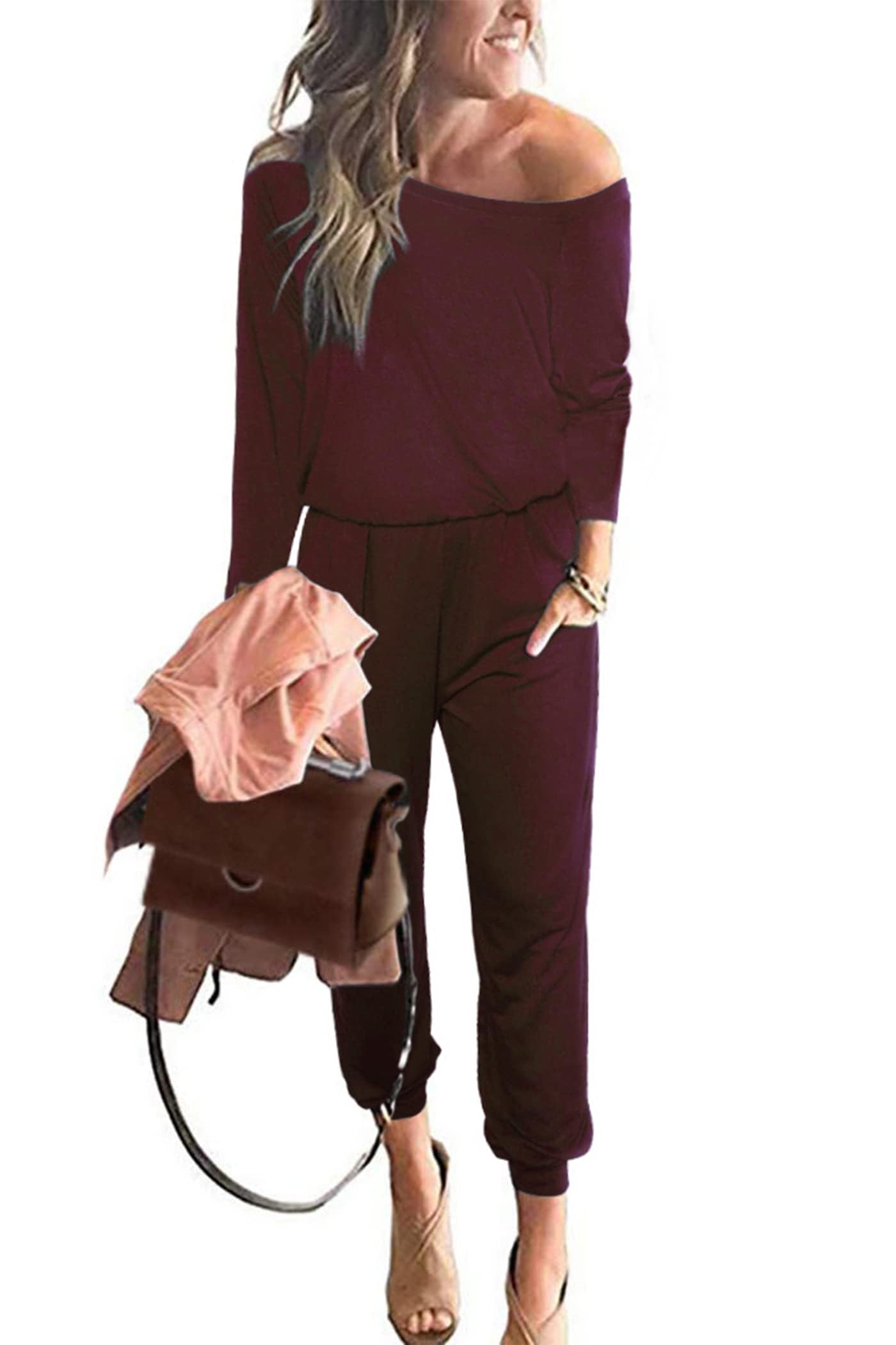 PRETTYGARDEN Jumpsuits for Women Casual 2026 Fall Long Sleeve Off Shoulder Rompers One Piece Travel Outfits Fashion Clothing
