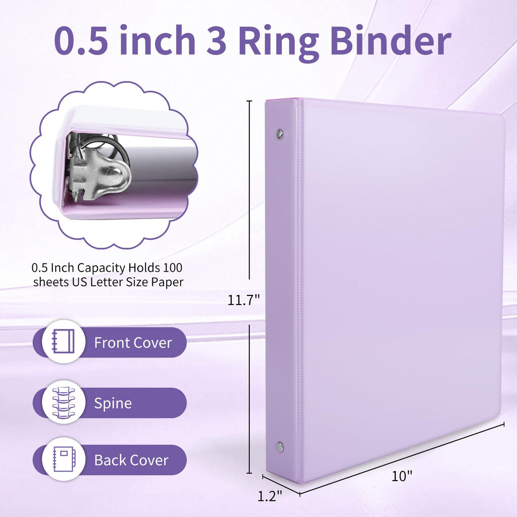 0.5 inch 3-Ring Binder, 1/2 inch Round Ring Binder with 2 Inside Pockets, Clear View Cover Binders Holds 8.5'' x 11''Paper，PVC Free, Pastel Color Binders for Office/Home/School Supply, 6 Pack