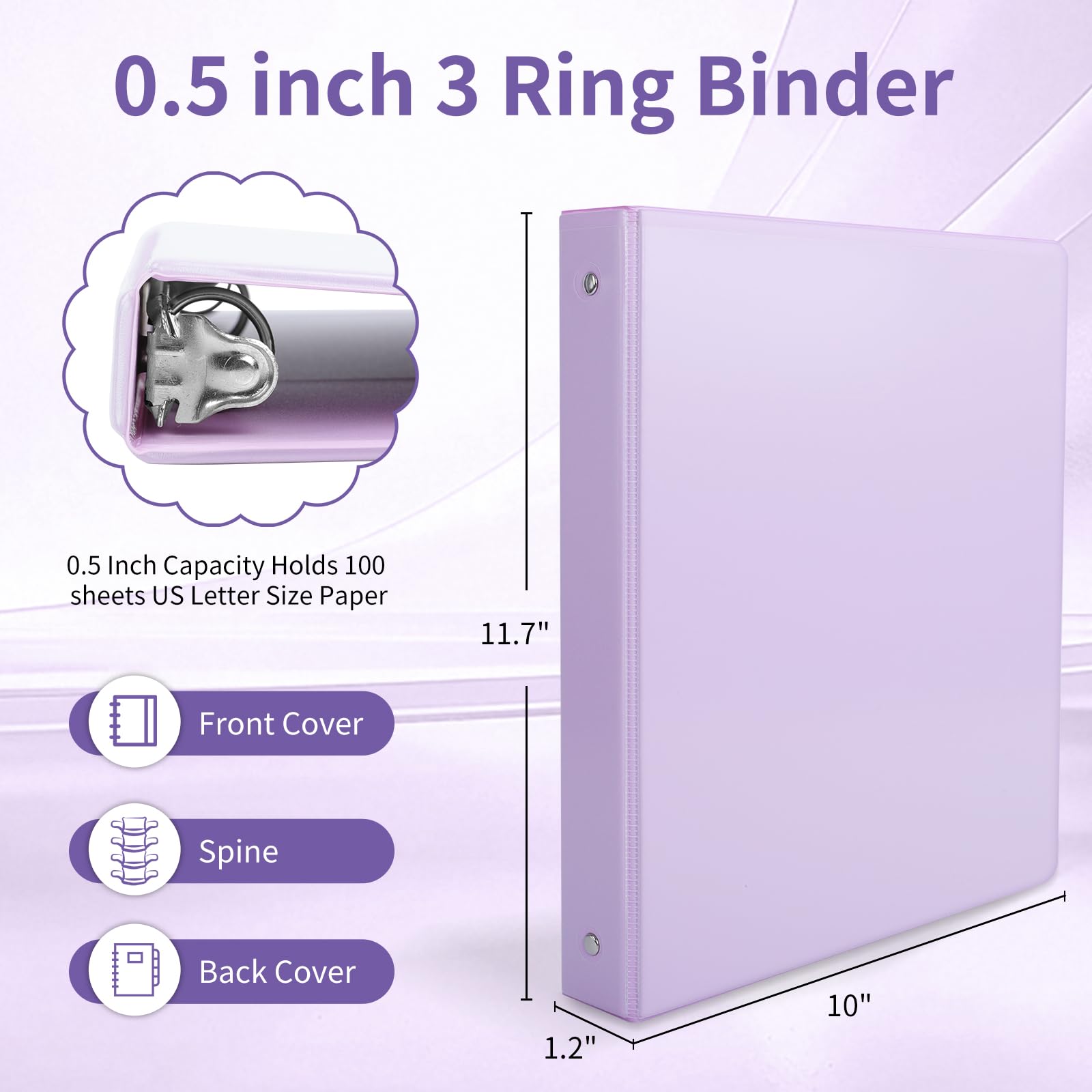 0.5 inch 3-Ring Binder, 1/2 inch Round Ring Binder with 2 Inside Pockets, Clear View Cover Binders Holds 8.5'' x 11''Paper，PVC Free, Pastel Color Binders for Office/Home/School Supply, 6 Pack