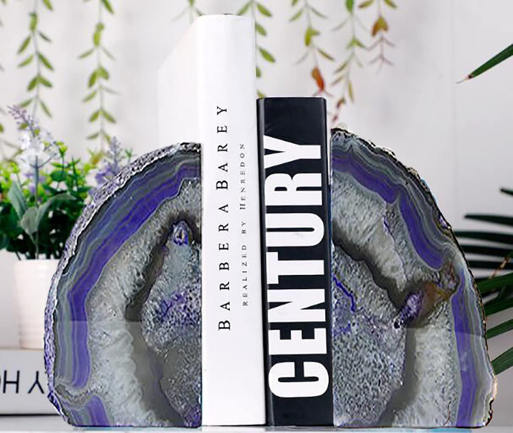 JIC Gem Black Agate Geode Bookends 2-3 Lbs Anti-Slip Rubber Pads Heavy Duty | 1Pair Natural Black Agate Crystal Decor for Shelves & Desk, Unique Small Stone Book Holder Gift for Office & Home Decoration