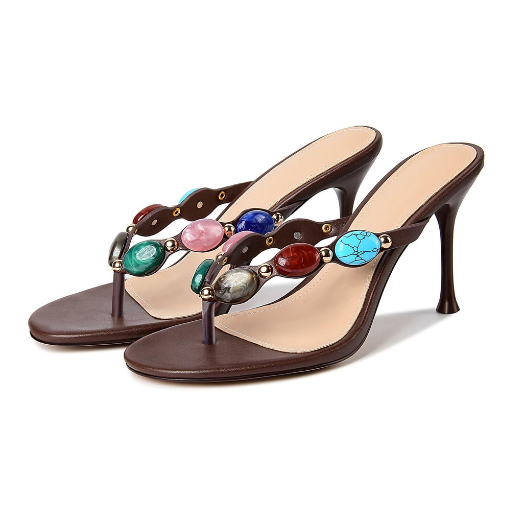 DREAMSTORY Women's Jeweled Thong Strappy Heels Sandals Comfortable Round toe High Heel Dressy Summer Sandals for Wedding Party Beach Flip Flops Slip On Casual Shoes Wear