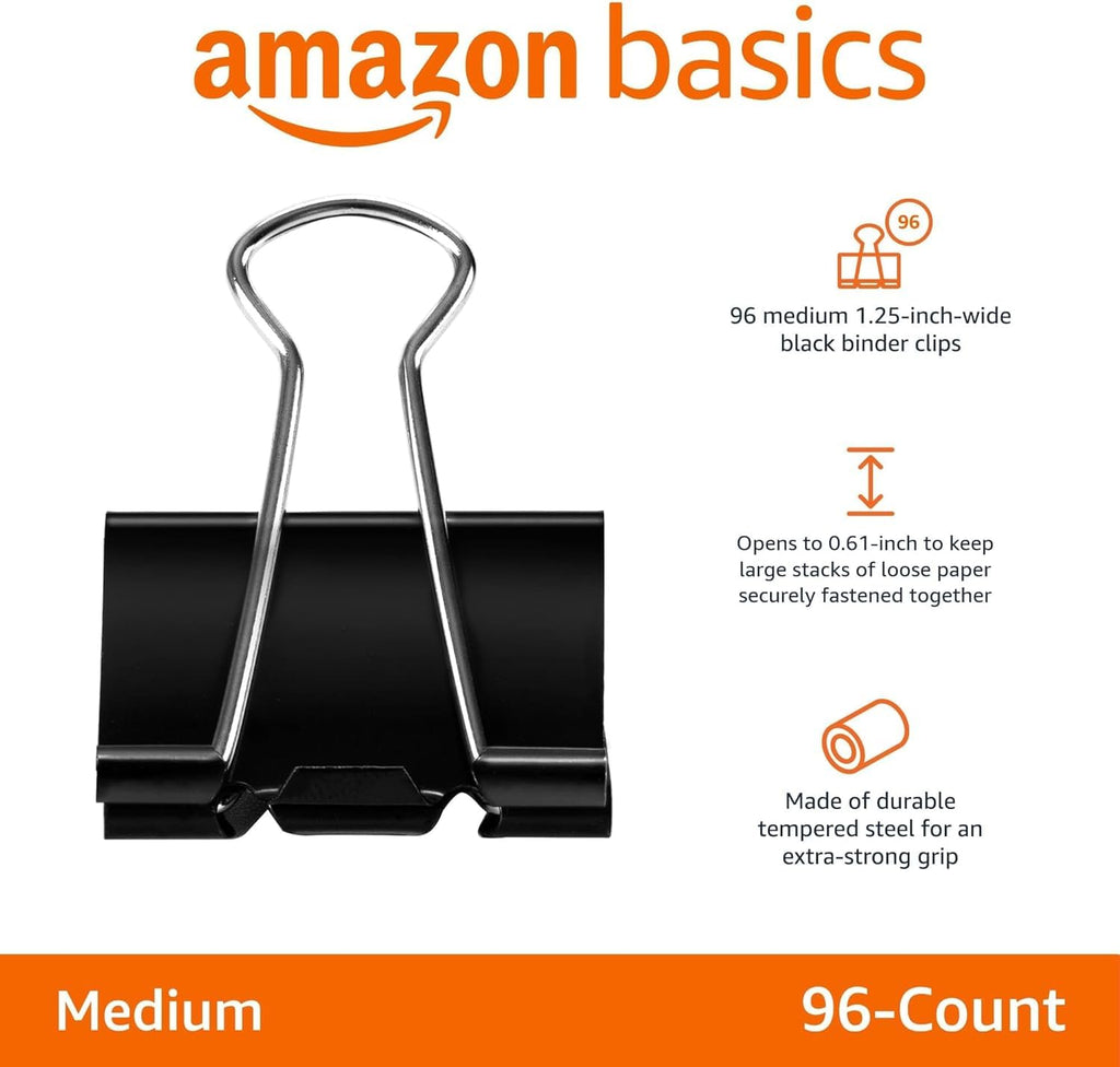 Amazon Basics Sturdy Binder Clips for Office Use, 96 Count, Medium, 1.25 in, Black (Pack of 12)