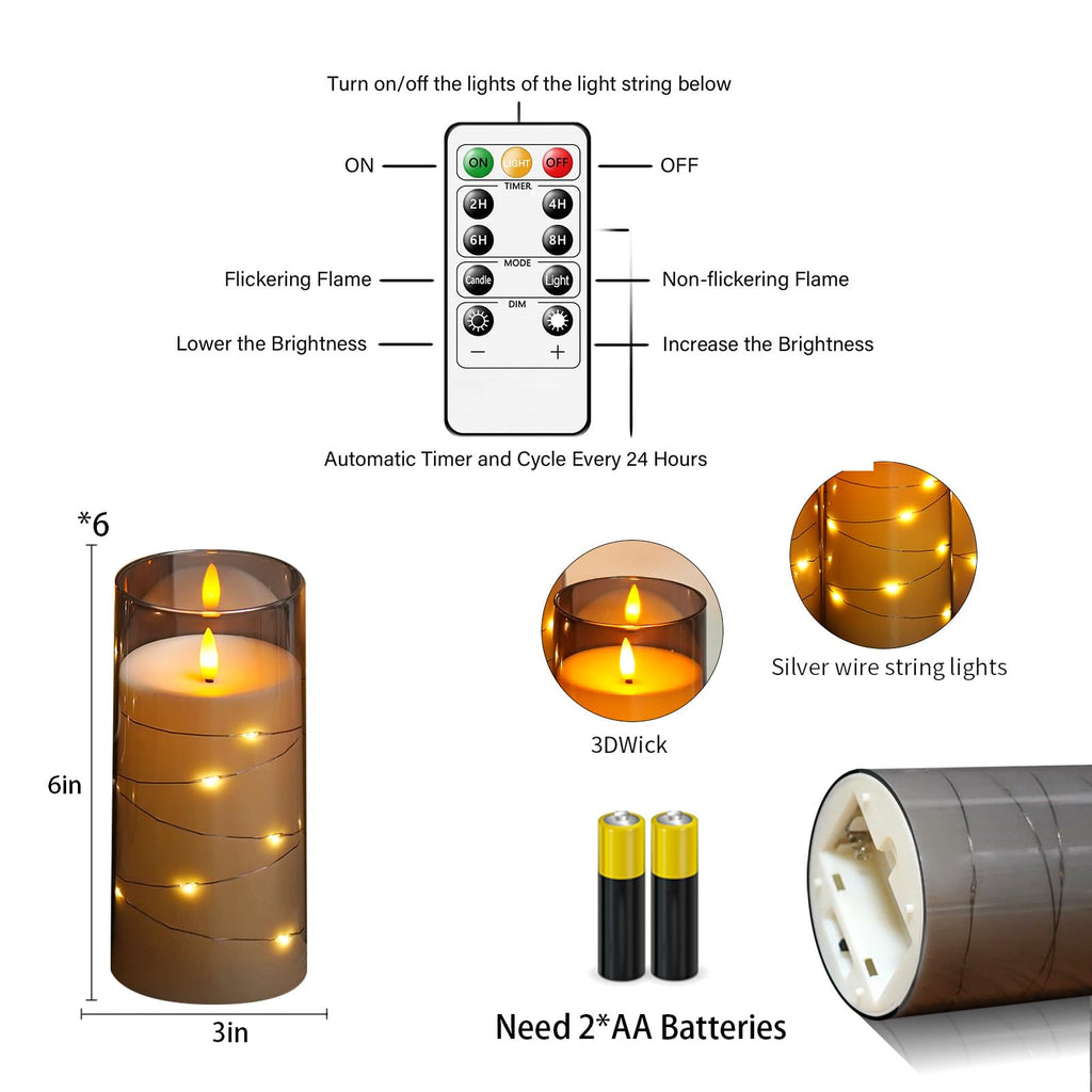Flickering Flameless Candles with Remote Timer, 6pcs LED Battery Operated Candles with Embedded String Lights Red, Same Size D3 H6