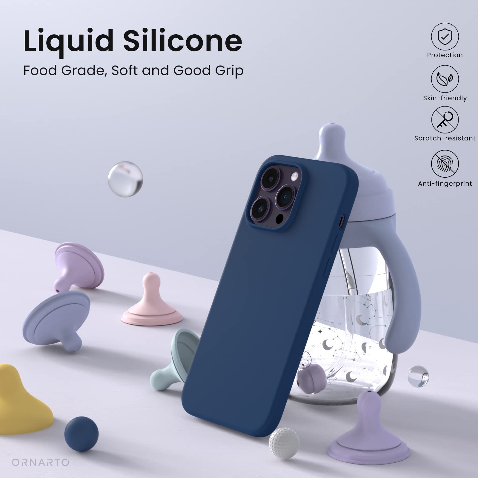 ORNARTO Compatible with iPhone 14 Pro Case 6.1, Slim Liquid Silicone 3 Layers Full Covered Soft Gel Rubber Phone Case Protective Cover with Microfiber Lining 6.1 inch-Baby Blue