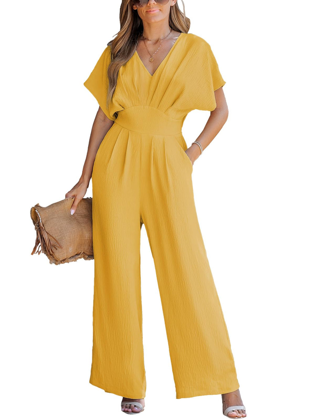 CUPSHE One Piece Jumpsuits for Women Casual Summer V Neck Batwing Sleeve Wide Leg Elegant Overalls Sexy Vacation Outfits