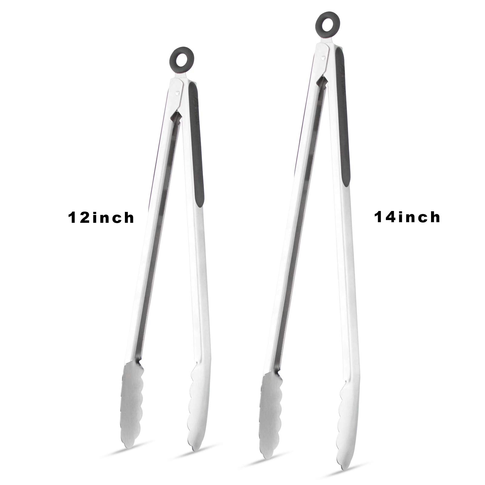 304 Stainless Steel Kitchen Cooking Tongs, 9" and 12" Set of 2 Sturdy Grilling Barbeque Brushed Locking Food Tongs with Ergonomic Grip, Black
