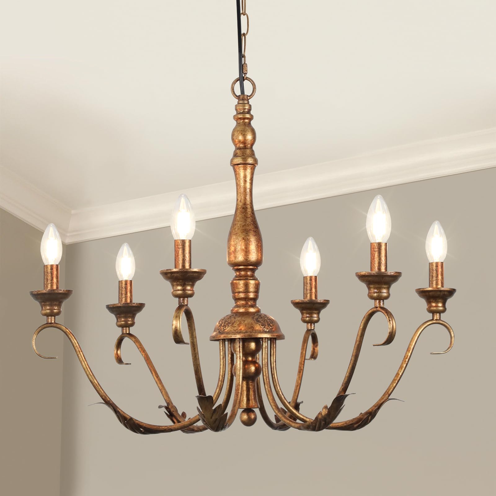 6-Light Farmhouse Chandeliers for Dining Room, 23.62'' Vintage Brass Gold Chandelier, Adjustable Rustic Metal Hanging Pendant Light Fixture for Kitchen Island Entryway Foyer Bedroom Hallway