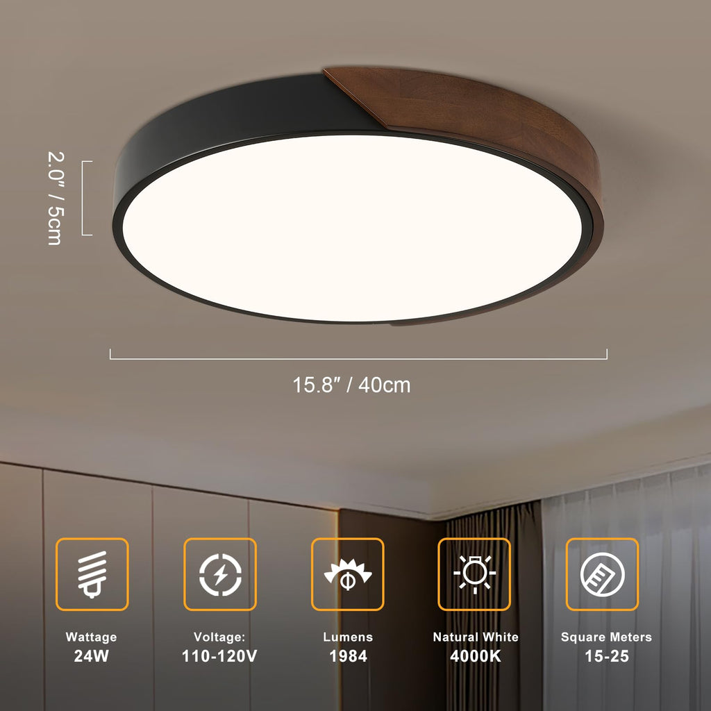 Modern LED Ceiling Light, Minimalist Wood Dimmable Flush Mount Ceiling Light Fixture, Round 5CCT Lighting Lamp with Acrylic Lampshade for Bedroom Hallway Kitchen Laundry, Black 11.8"