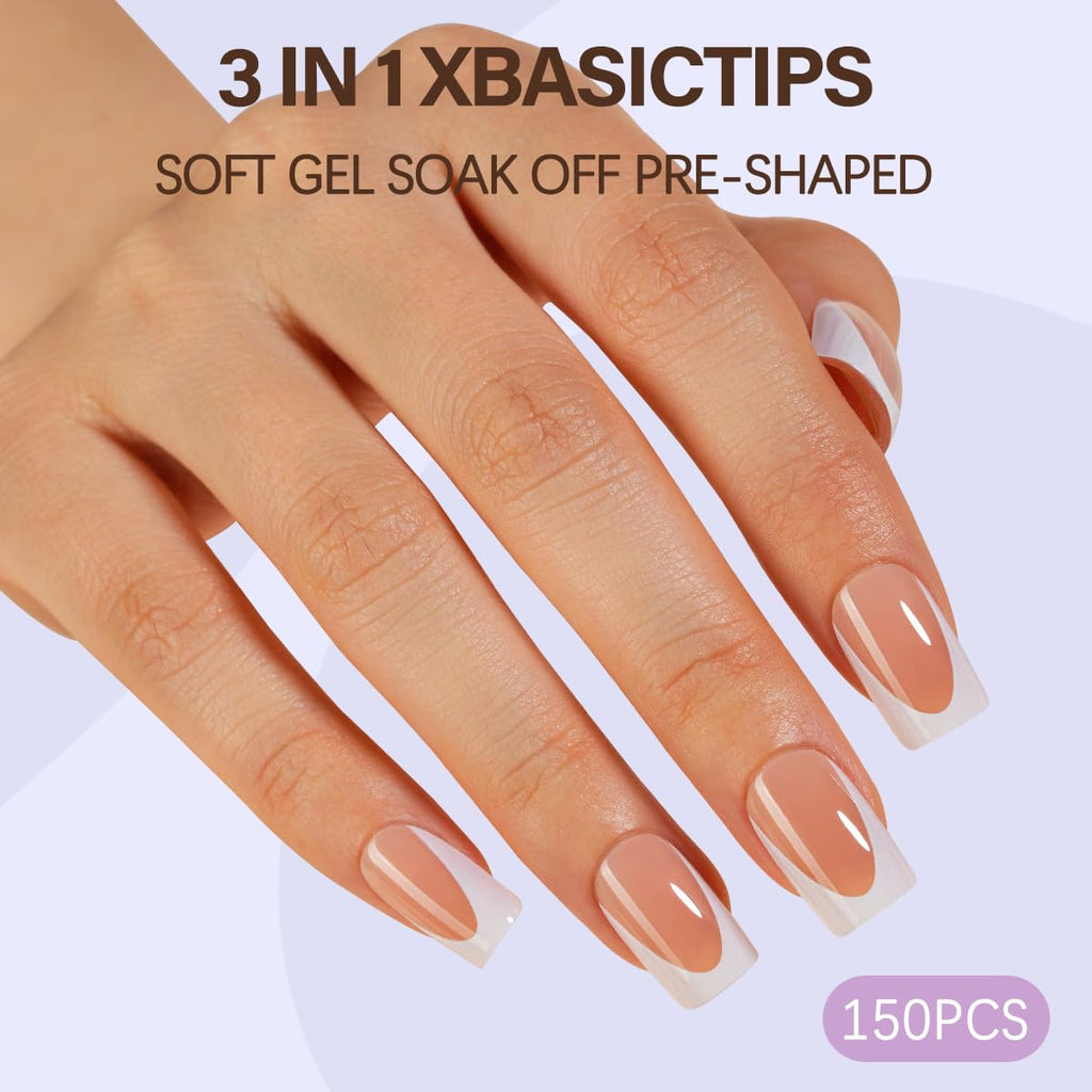 Misssix XBASICTIPS French Tip Press On Nails, 300Pcs French Gel Nail Tips Long Square, Soft Gel Pre-shaped No Need to File 3 in 1 Tips, Fake Nails for Nail Art DIY Extension Designs 15 Sizes