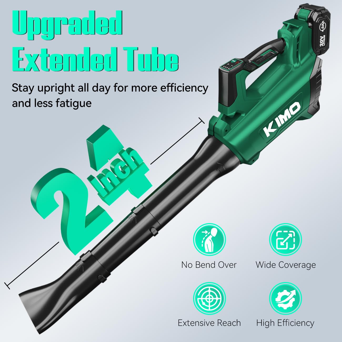 KIMO Leaf Blower Cordless with Battery and Charger, 540CFM/220MPH, Precision Adjustment Handle, 3Speeds w/ Visual Panel, Lightweight, 2 Extended Tube, 2* 2.0 Battery Powered Leaf Blowers for Lawn Care