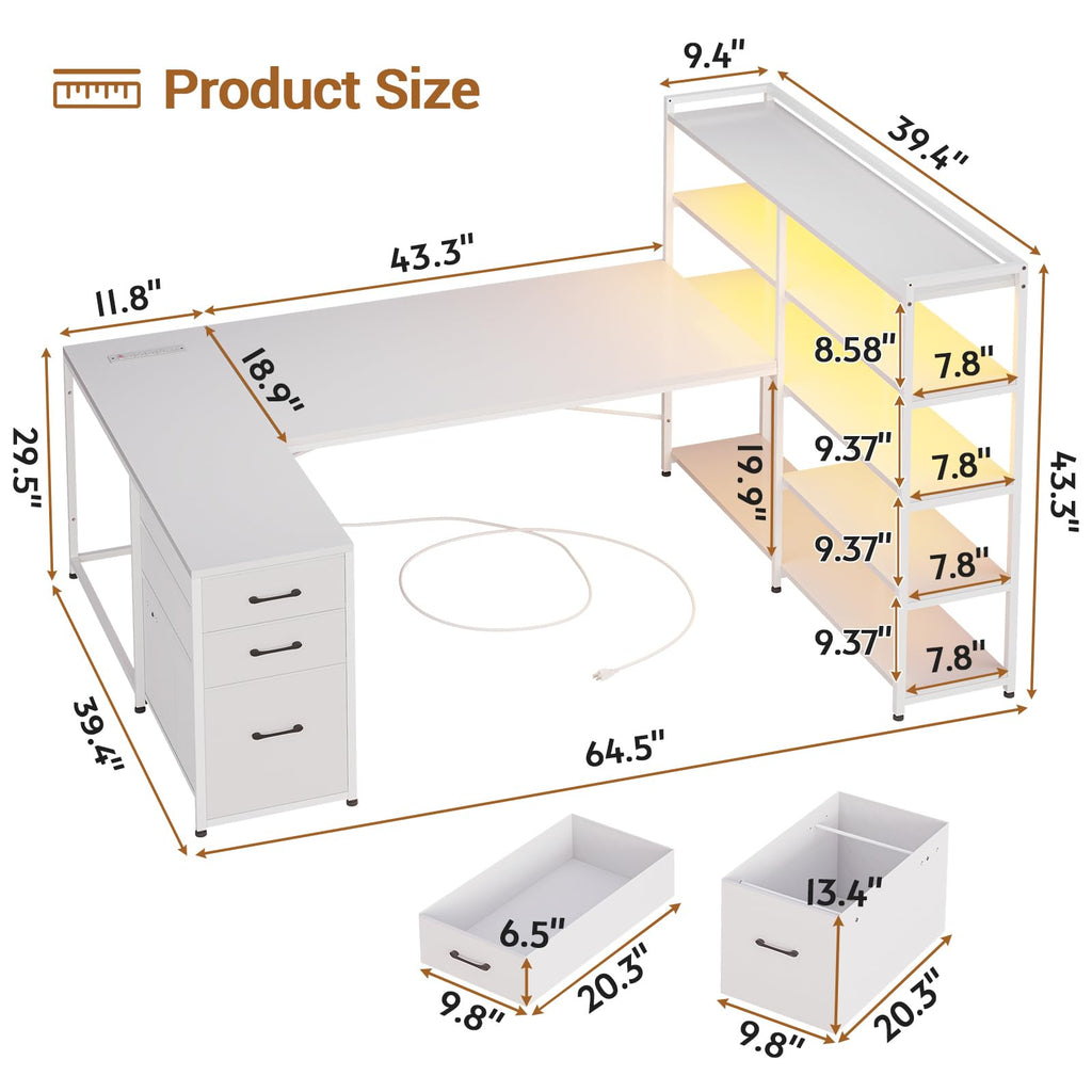 SEDETA L Shaped Gaming Desk, Reversible U Shaped Computer Desk with Power Outlet and Storage Shelves, Corner Gaming Desk with LED Lights, 3 Fabric Drawers, Black
