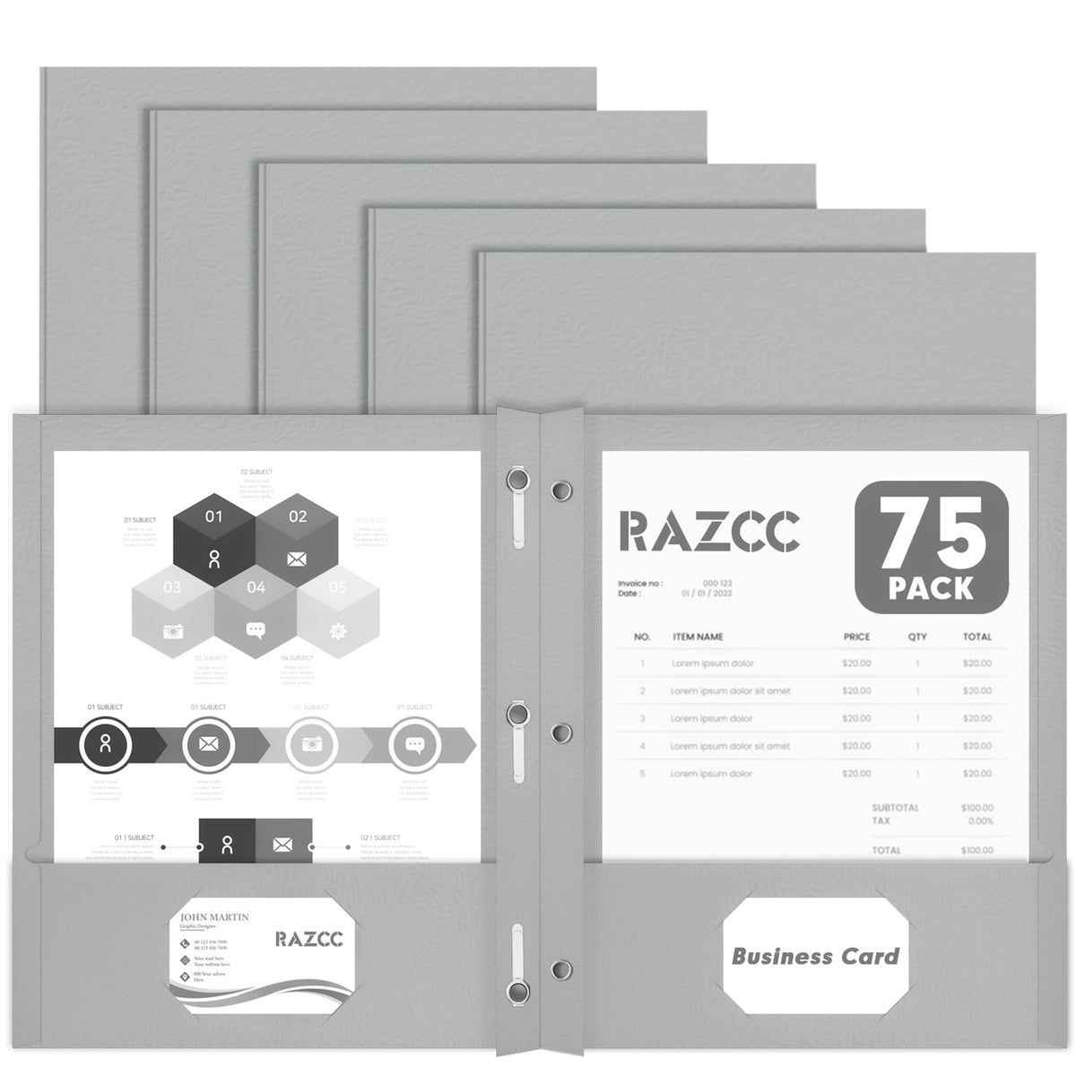 Two Pocket Folders, RAZCC 75 Pack Two Pocket Folders with Prongs, 3 Prong Pocket Folders Letter Size, Paper Folders with Prongs for School Office Home Business, Assorted 5 Colors