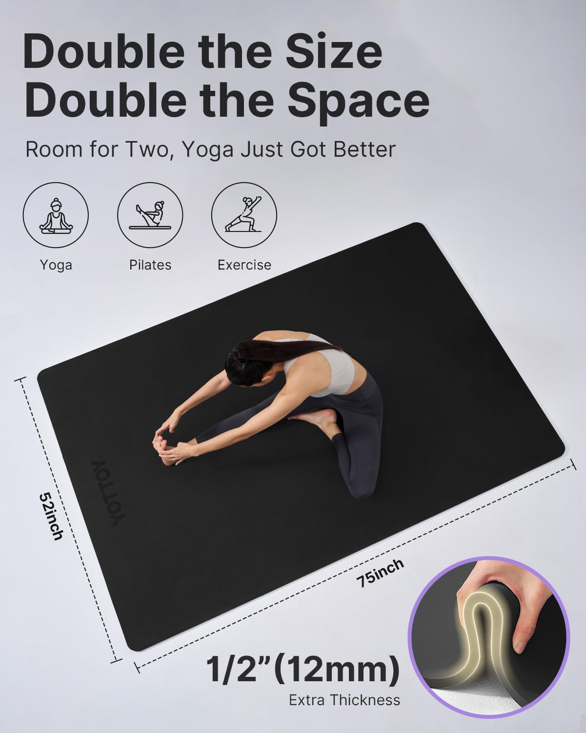 YOTTOY Large Yoga Mat (75 * 52 * 1/2inch),Extra Wide TPE Exercise Mat,Non-Slip Workout Mat for Pilates, Fitness, Barefoot, Home Gym Studio with Strap and Towel