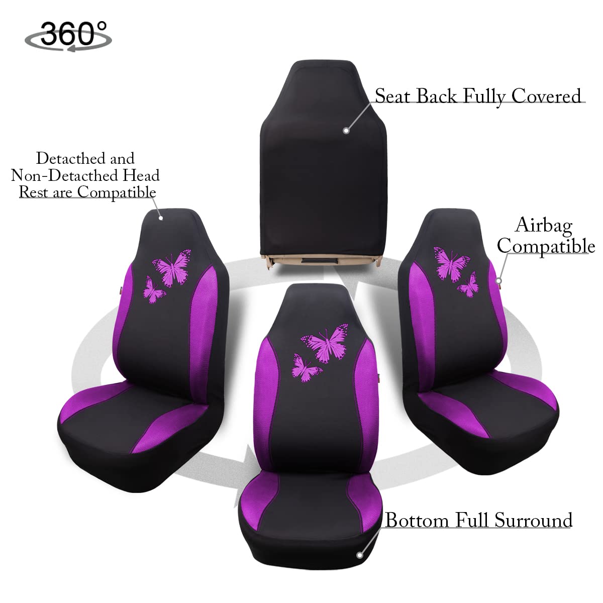 Flying Banner Butterfly car seat Covers ful Set Fashion Universal Lady Woman Female Rear Bench Split Colorized (2 Fronts, Mint Blue)