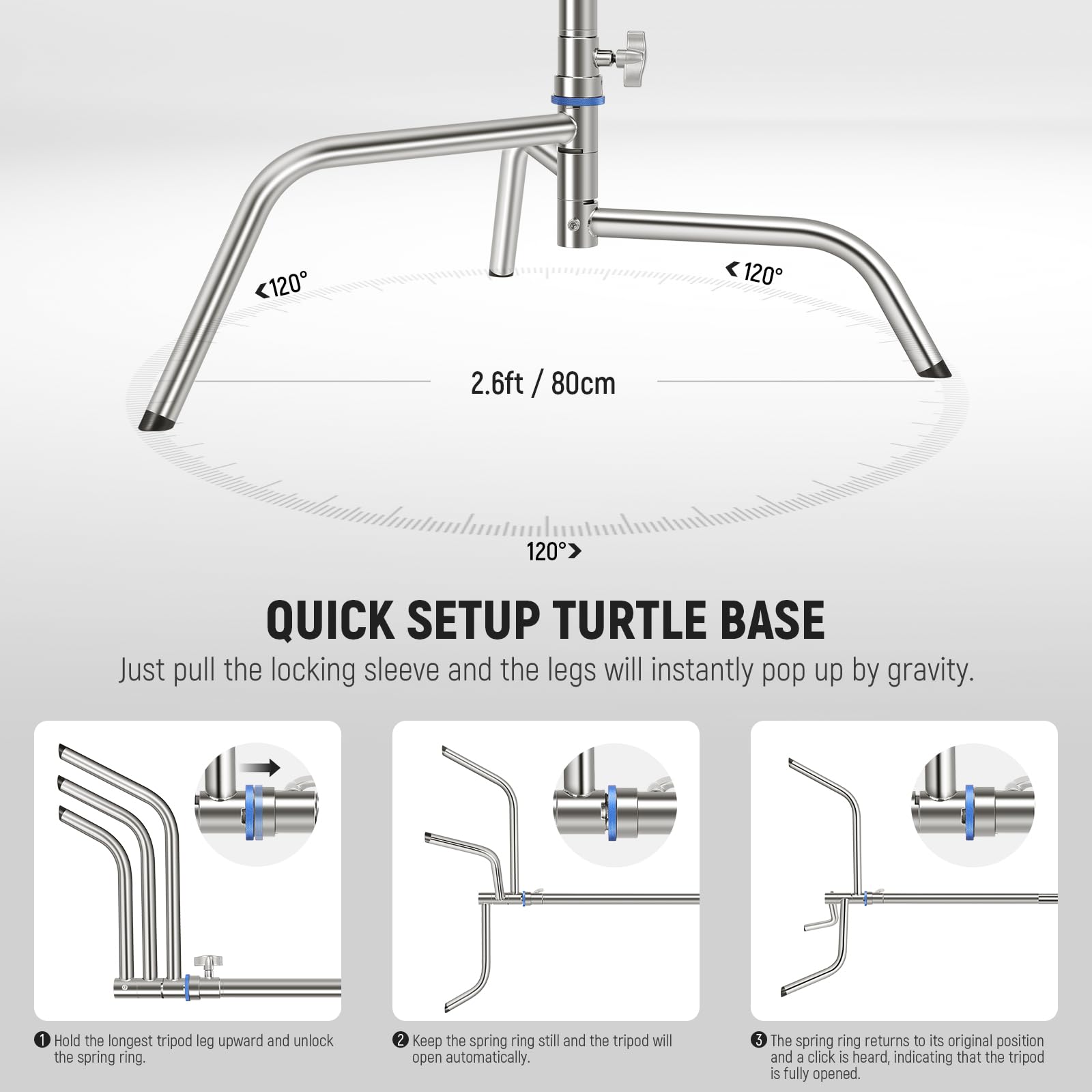 NEEWER Pro 100% Stainless Steel Heavy Duty C Stand with Boom Arm, Max Height 68"/172cm Photography Light Stand with 2.7ft/83cm Holding Arm, 2 Grip Head for Studio Monolight, Softbox, Reflector, SC172