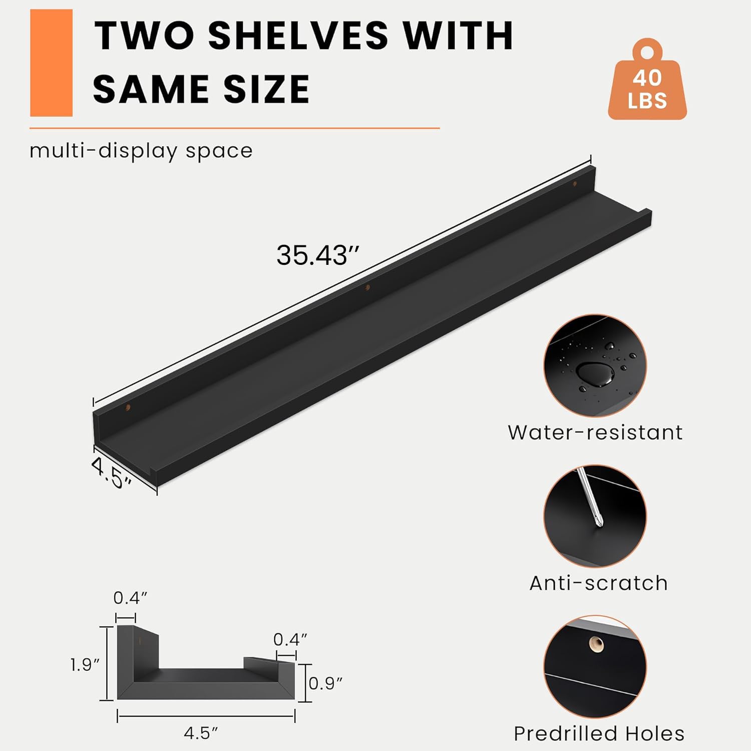 Heimlove Picture Ledge Shelf, Small Floating Shelves Set of 2, 16 Inches Picture Shelf for Wall with Ledge, Kids Bookshelf Wall Mounted for Living Room Bedroom Decor Books Photo Frames, Black