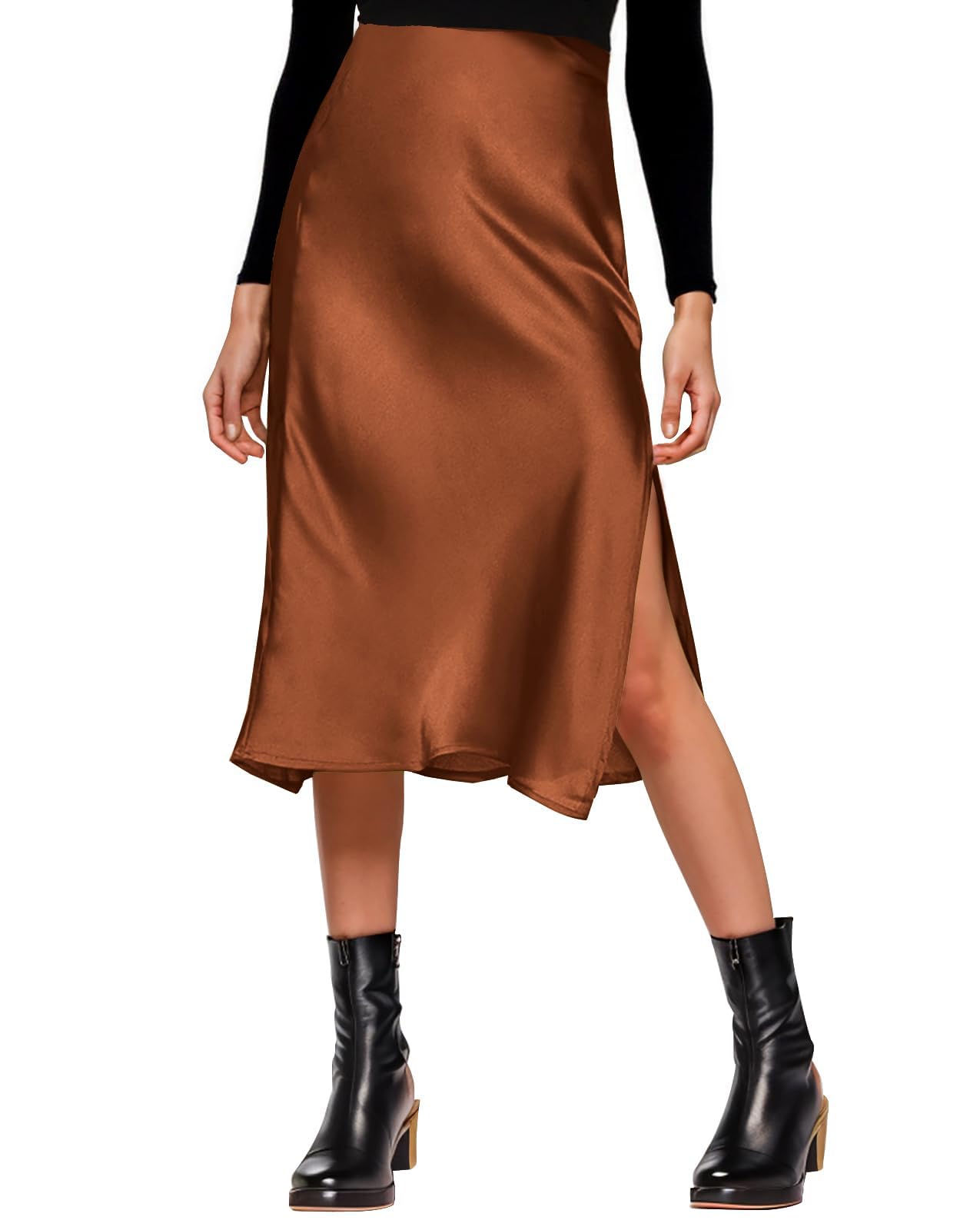 Amy Babe Womens Satin Silk High Waist Slit Midi Skirt Elastic Waistband Midi Skirts for Women