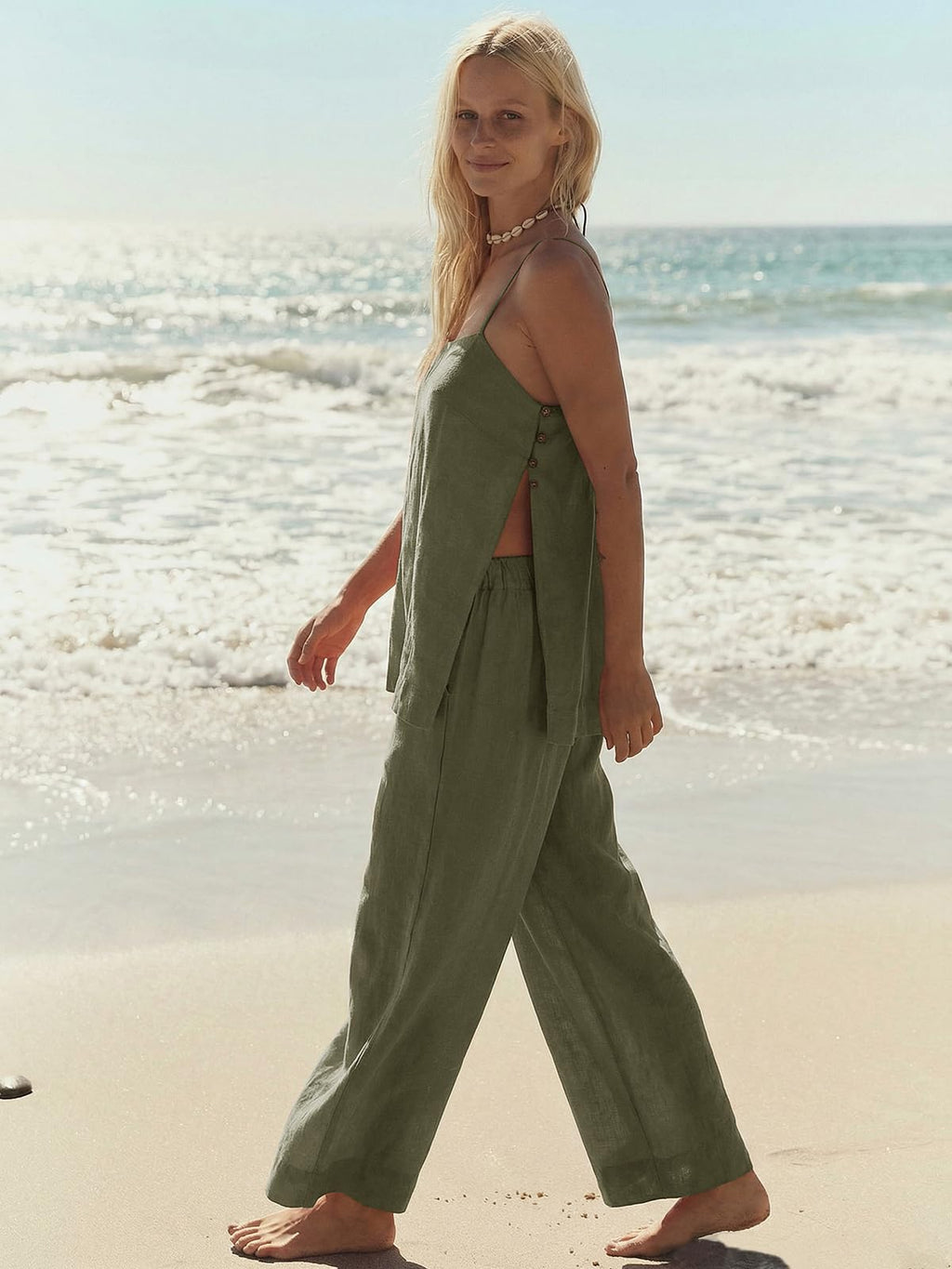 Dokuritu Linen Sets for Women 2 Piece Summer Spaghetti Strap Top Wide Leg Pant Set Beach Vacation Travel Outfits with Pockets