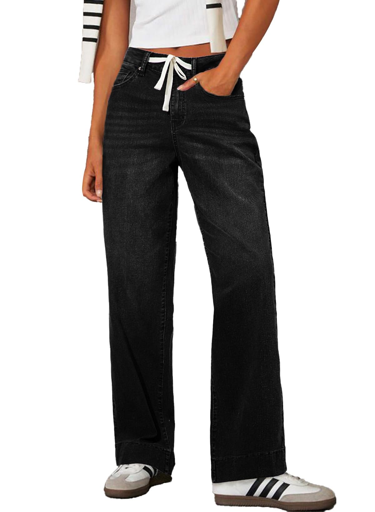 Sidefeel Women's Wide Leg Jeans High Waisted Stretchy Straight Leg Baggy Drawstring Zimbaplatinum Denim Pants