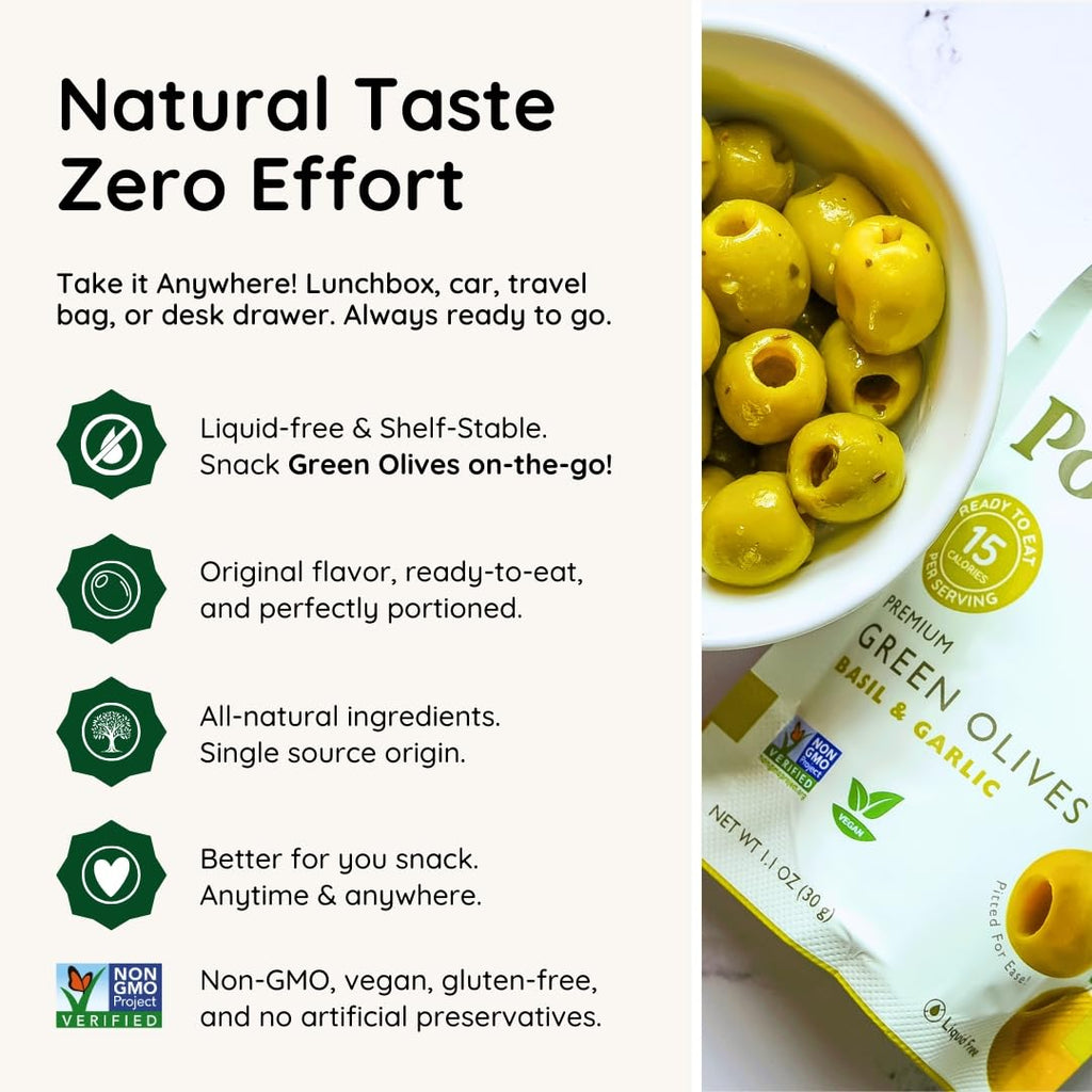 POSHI Green Pitted Olives - Basil & Garlic | Vegan, Kosher, Gluten Free + Keto Friendly, Fresh, Low Calorie Healthy Snacks | (30 Pack, 1.1oz Bags)
