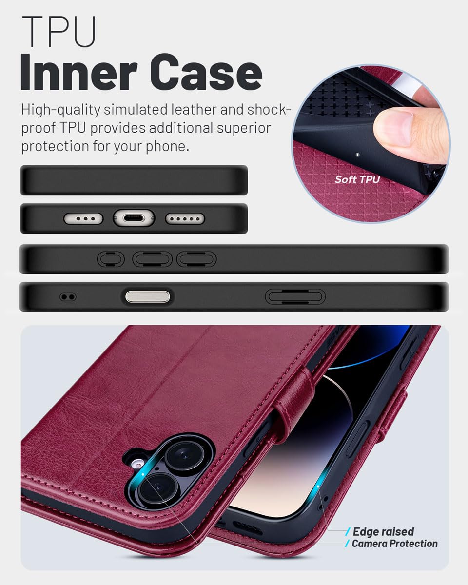 OCASE Compatible with iPhone 16 Wallet Case, PU Leather Flip Folio Case with Card Holders RFID Blocking Kickstand [Shockproof TPU Inner Shell] Phone Cover 6.1 Inch 2024, Black