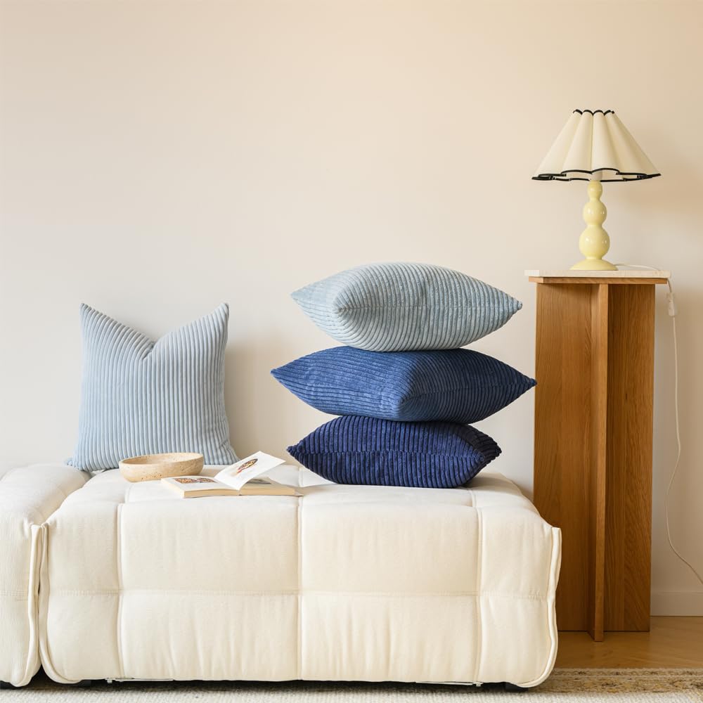 LANANAS Neutral Couch Throw Pillow Covers 18x18 Inch Set of 4 Decorative Farmhouse Boho Throw Pillows for Living Room, Couch, Bed, Sofa Soft Corduroy Accent Home Decor (Blue Ocean, 18x18 Inch)