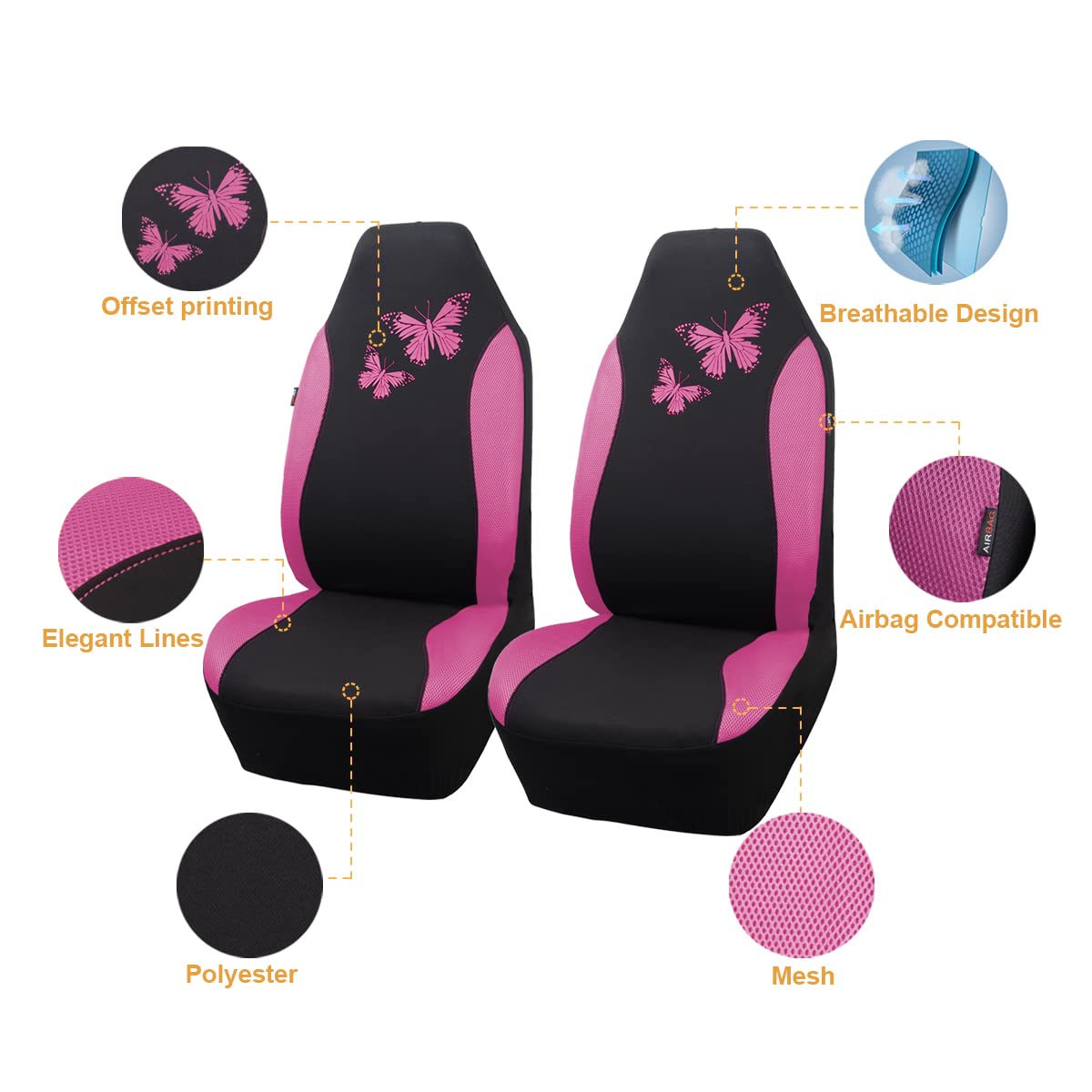 Flying Banner Butterfly car seat Covers ful Set Fashion Universal Lady Woman Female Rear Bench Split Colorized (2 Fronts, Mint Blue)