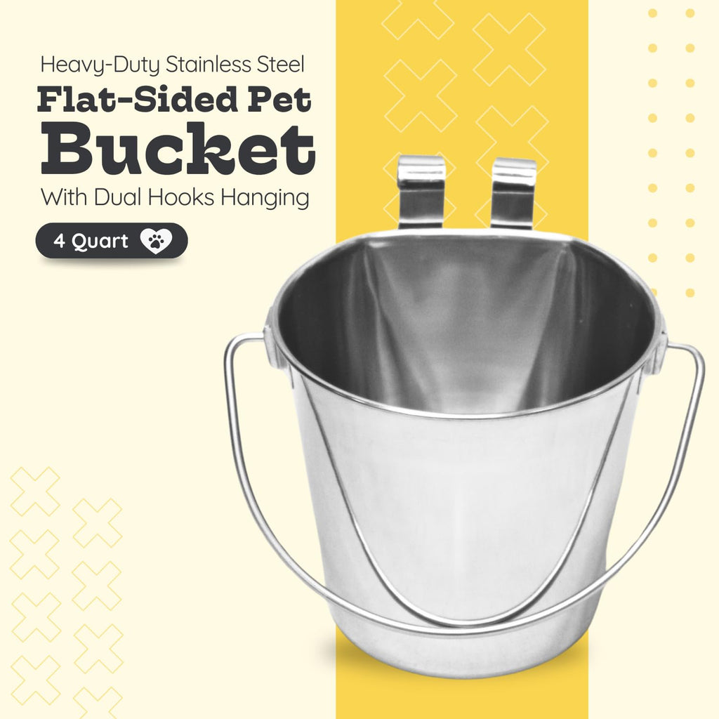 1 quart Stainless Steel Flat Sided Bucket with Dual Hooks | 0.25 gal Durable Food & Water Bowl for Dog Cat Bird & Small Animals | Fits kennel Cage Critter Crate | Hanging Utility Pet Pail
