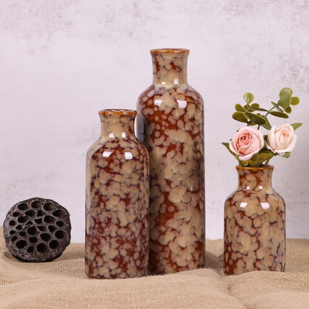 Ceramic Vase Set - 3 Ceramic Small Vases, Farmhouse Country Flower Vase Home Decor, Living Room Decoration, Table Decoration, Fireplace Decor, and Entrance Decorations Centerpieces