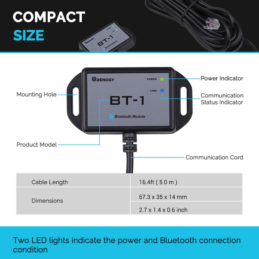 Renogy BT-1 Bluetooth Module for PWM Charge Controllers (Wanderer/Adventurer) – RJ12 RS232 Port, Wireless Monitor via DC Home App,IP54
